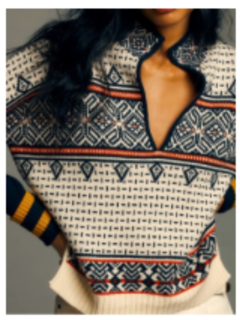 Anthropologie Cream Fair Isle Half-Zip Sweater with Navy & Rust Trim
